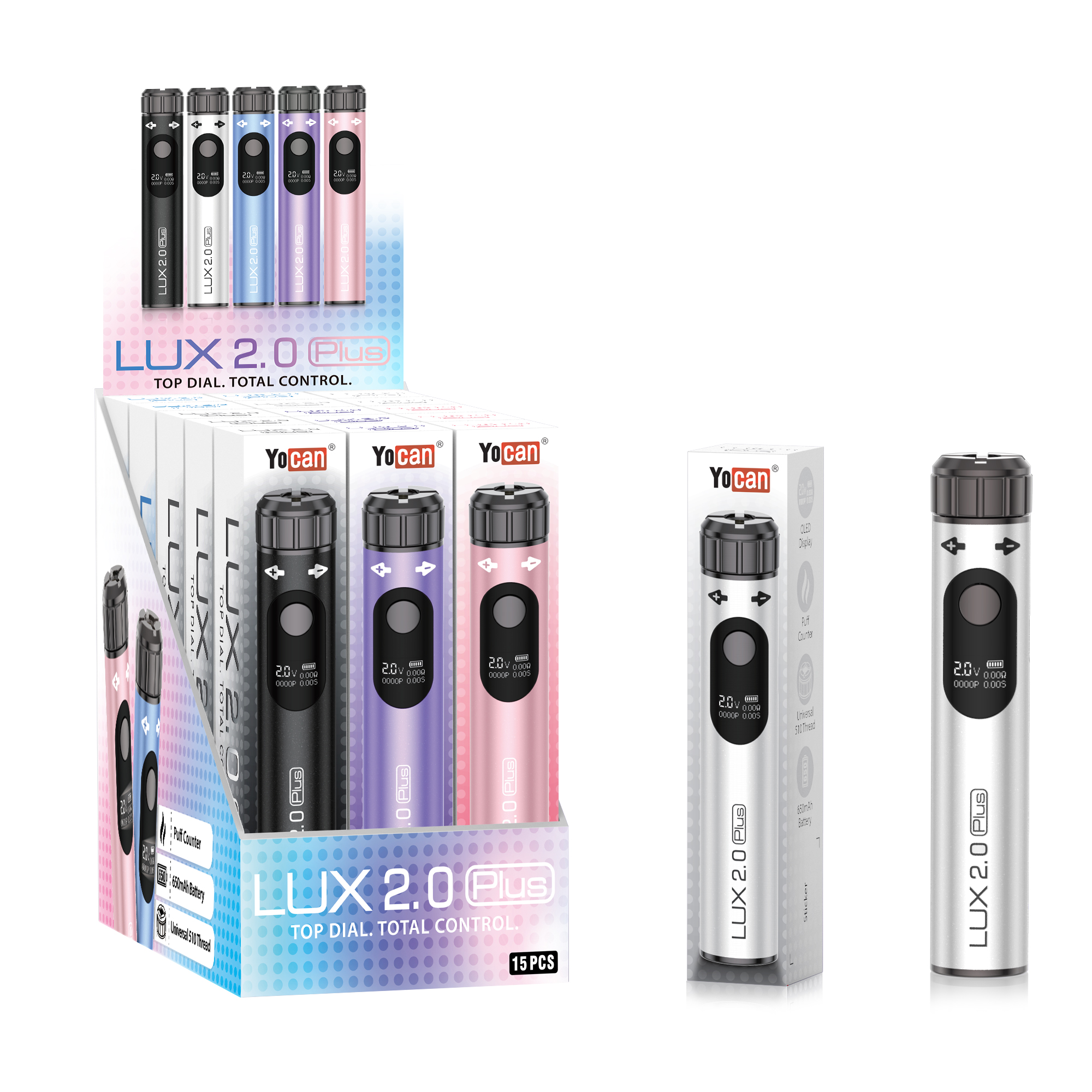 Yocan Lux 2.0 Plus Cart Vape Battery (Mixed Colors) Display of 15